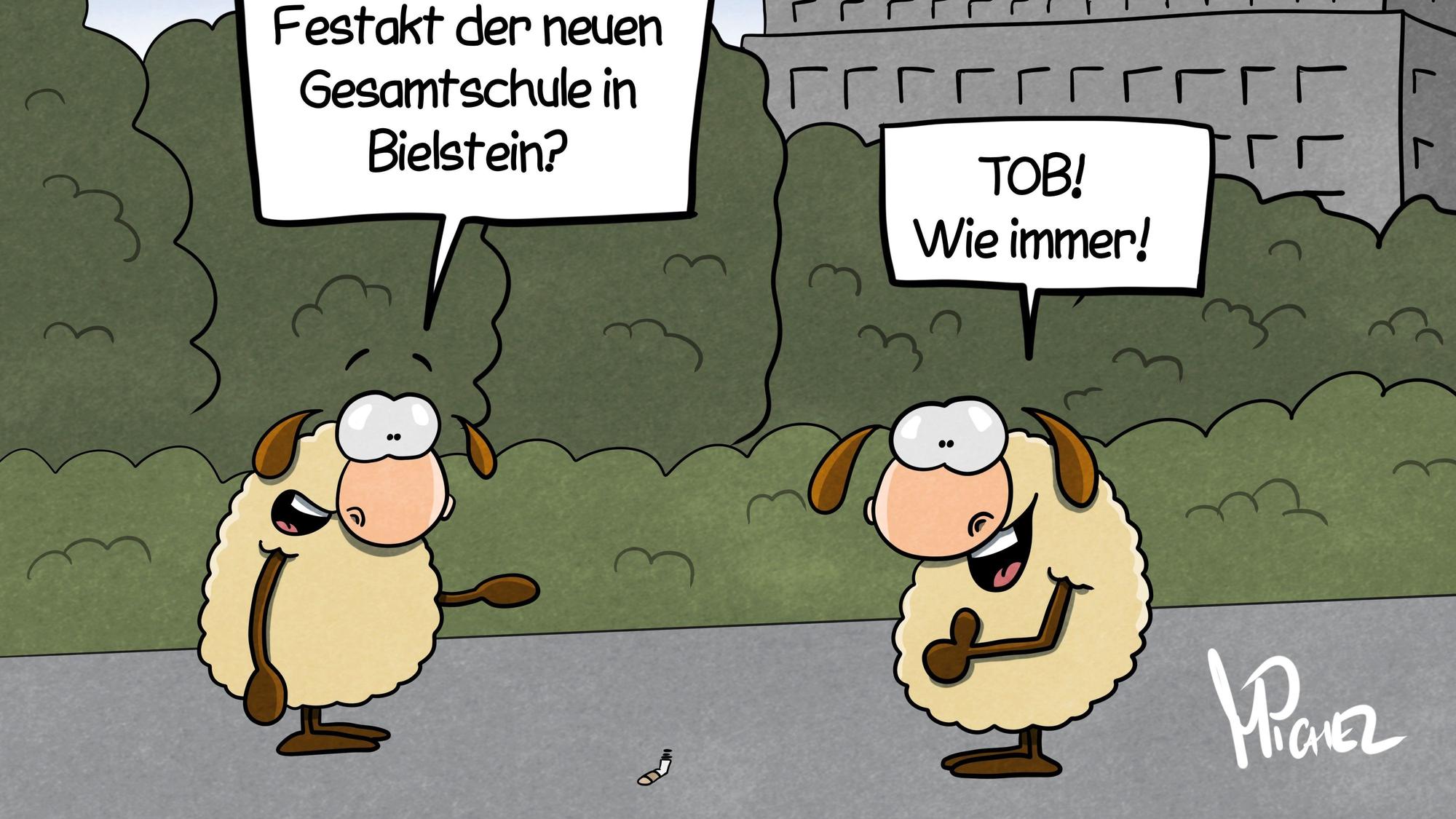 Zwei Schafe stehen vor einem Schulgebäude. Das eine fragt: „Na, wie war es beim Festakt der neuen Gesamtschule in Bielstein?“ Das andere antwortet: „TOB! Wie immer!“