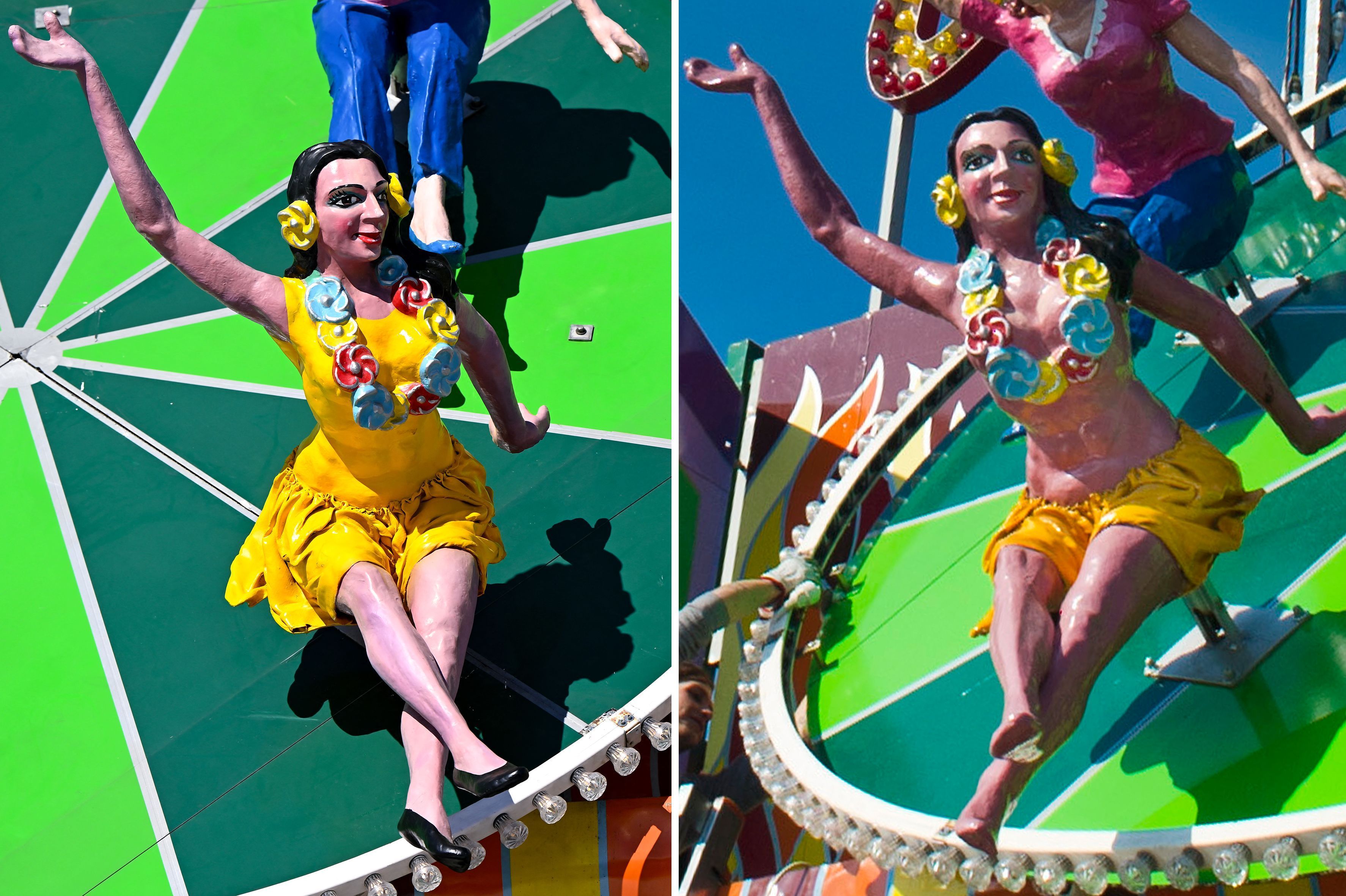 Die Bildkombo zeigt eine neu gestaltete Figur (r.) des Fahrgeschäfts „Teufelsrad“, daneben die vorherige Figur aus dem Jahr 2012.