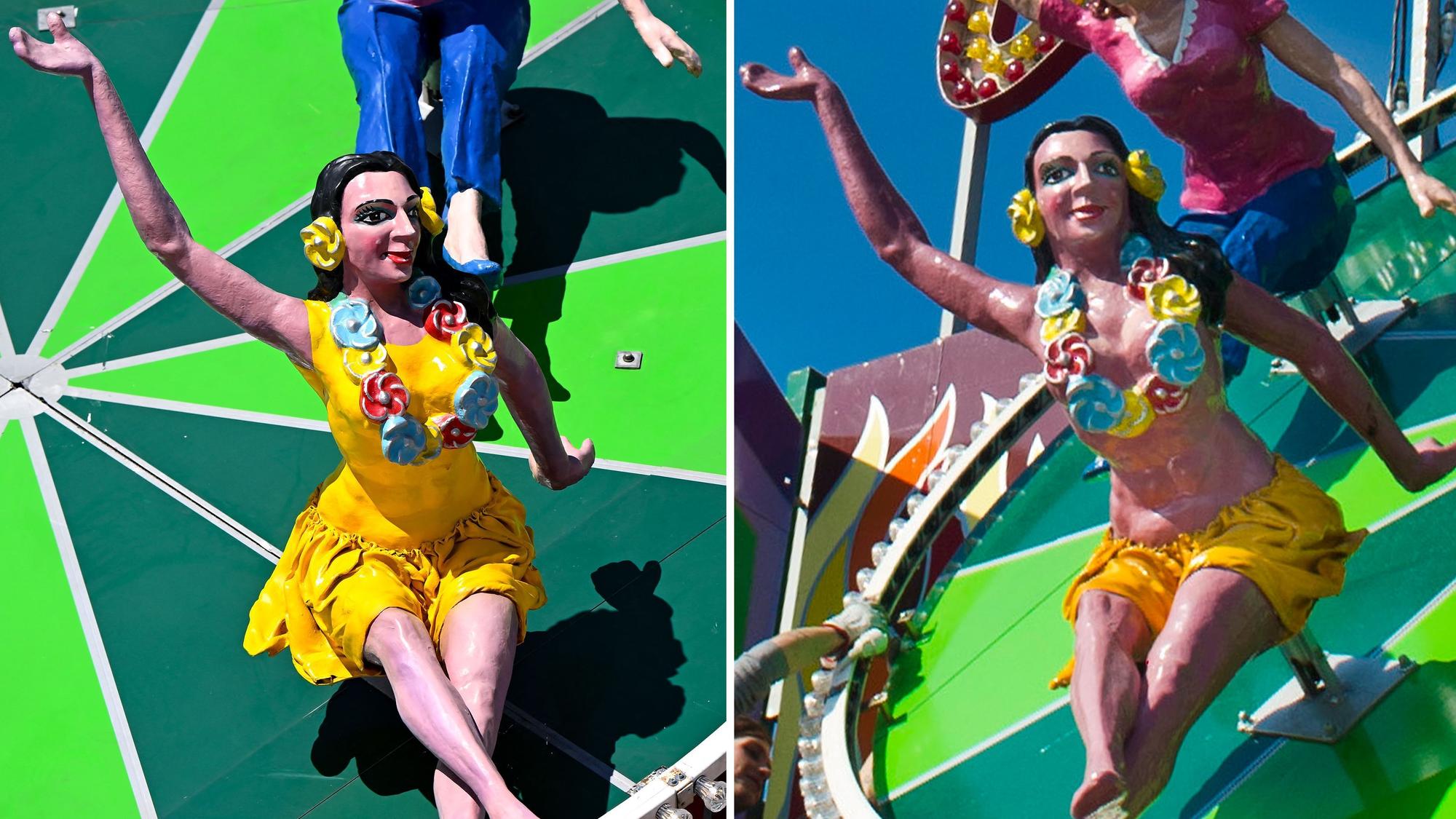 Die Bildkombo zeigt eine neu gestaltete Figur (r.) des Fahrgeschäfts „Teufelsrad“, daneben die vorherige Figur aus dem Jahr 2012.
