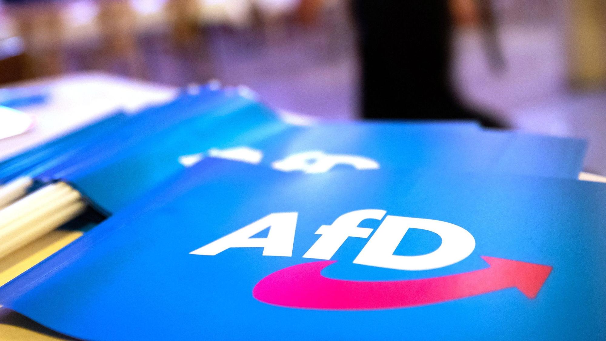Fähnchen mit dem Logo der AfD liegen auf einem Tisch. (Symbolfoto)