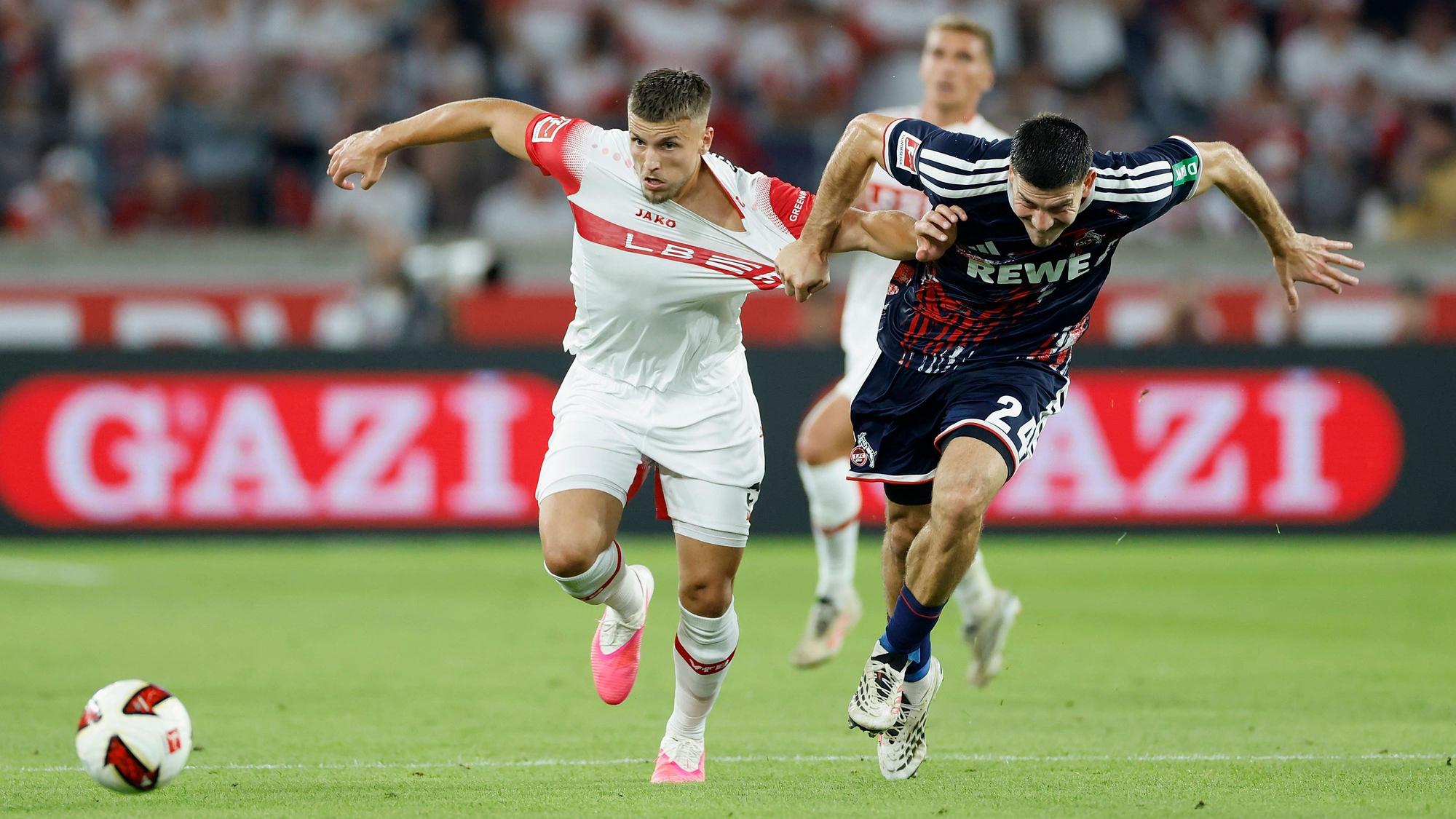 v.l.n.r.: Ermedin Demirovic VfB Stuttgart und Luka Lochoshvili 1. FC Köln, im Bundesliga-Spiel zwischen dem VfB Stuttgart und dem 1. FC Köln in der MHP Arena, Stuttgart, Deutschland, am 4. September 2026. in action during the Bundesliga match between VfB Stuttgart and 1. FC Köln at the MHP Arena, Stuttgart, Germany, on September 4, 2026. DFB/DFL REGULATIONS PROHIBIT ANY USE OF PHOTOGRAPHS AS IMAGE SEQUENCES AND/OR QUASI-VIDEO, *** From left to right: Ermedin Demirovic of VfB Stuttgart and Luka Lochoshvili of 1 FC Köln, during the Bundesliga match between VfB Stuttgart and 1 FC Köln at the MHP Arena, Stuttgart, Germany, on September 4, 2026, in action during the Bundesliga match between VfB Stuttgart and 1 FC Köln at the MHP Arena, Stuttgart, Germany, on September 4, 2026. DFB and DFL regulations prohibit any use of photographs as image sequences and/or quasi-video, Copyright: HMBxMedia/xHeikoxBecker