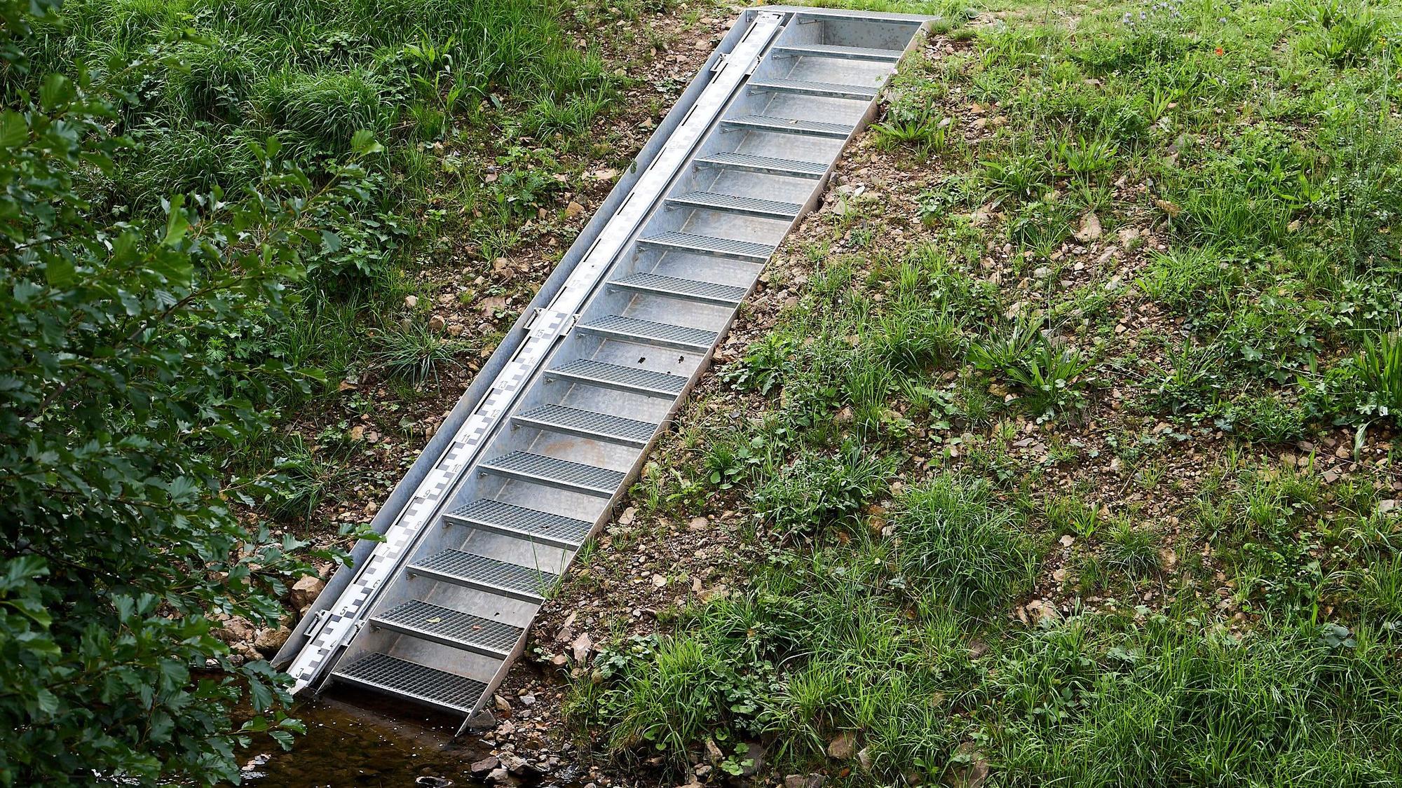 Der Pegel ist in die Bachböschung eingebaut worden, er wird von einer Metalltreppe flankiert.