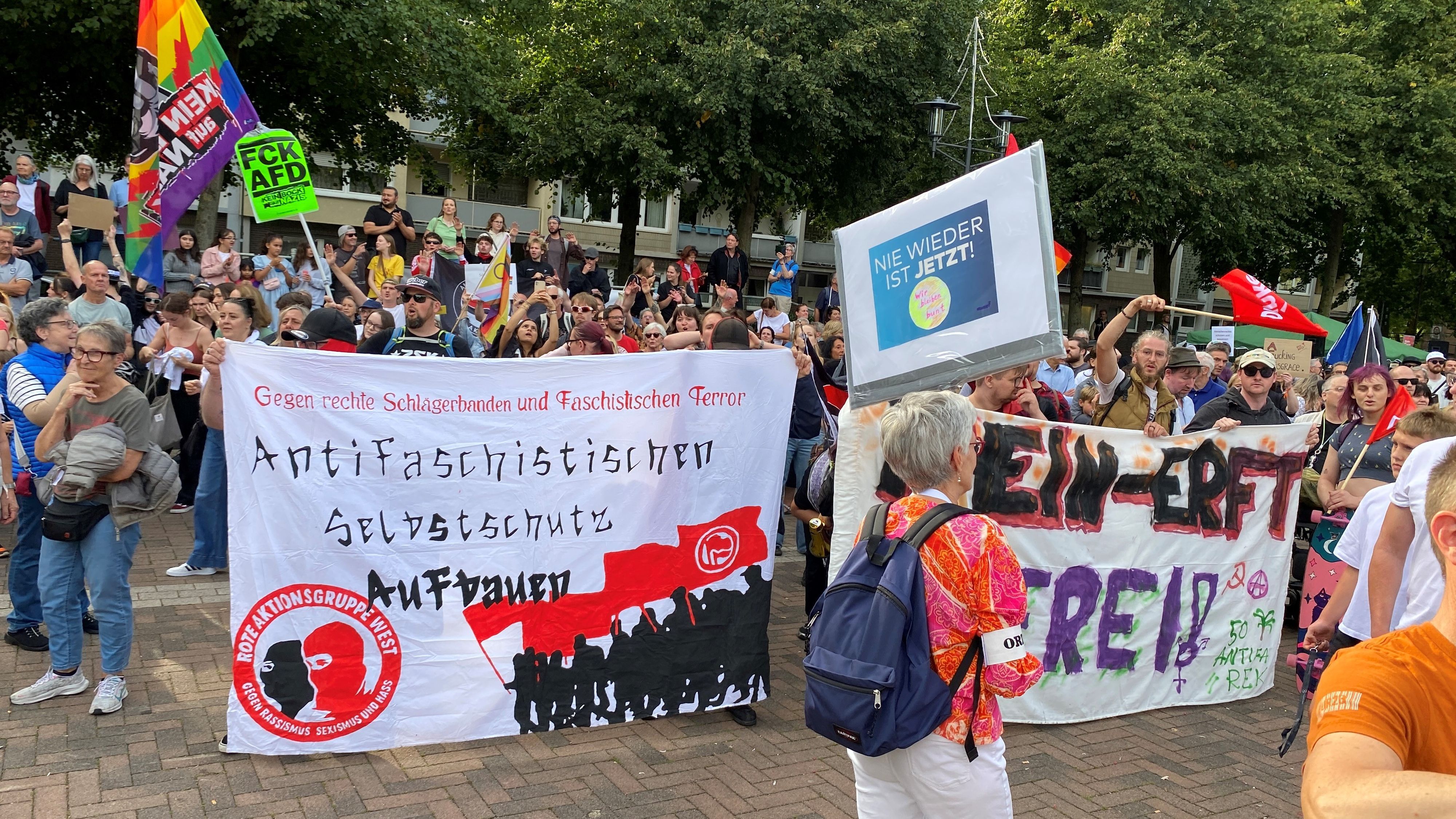 Auf dem Bild sind Demonstranten gegen die AfD mit Transparenten zu sehen.