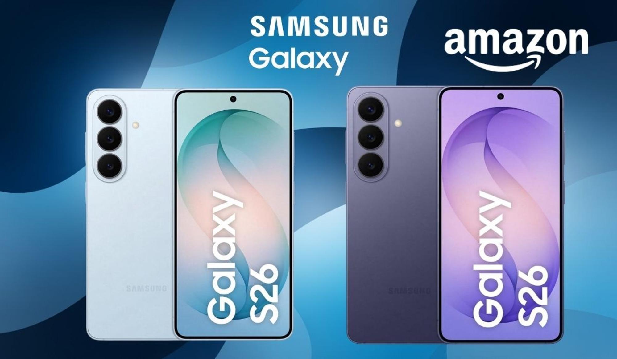 Samsung Galaxy S26 Modelle in Hellblau und Lila vor blauem Hintergrund.