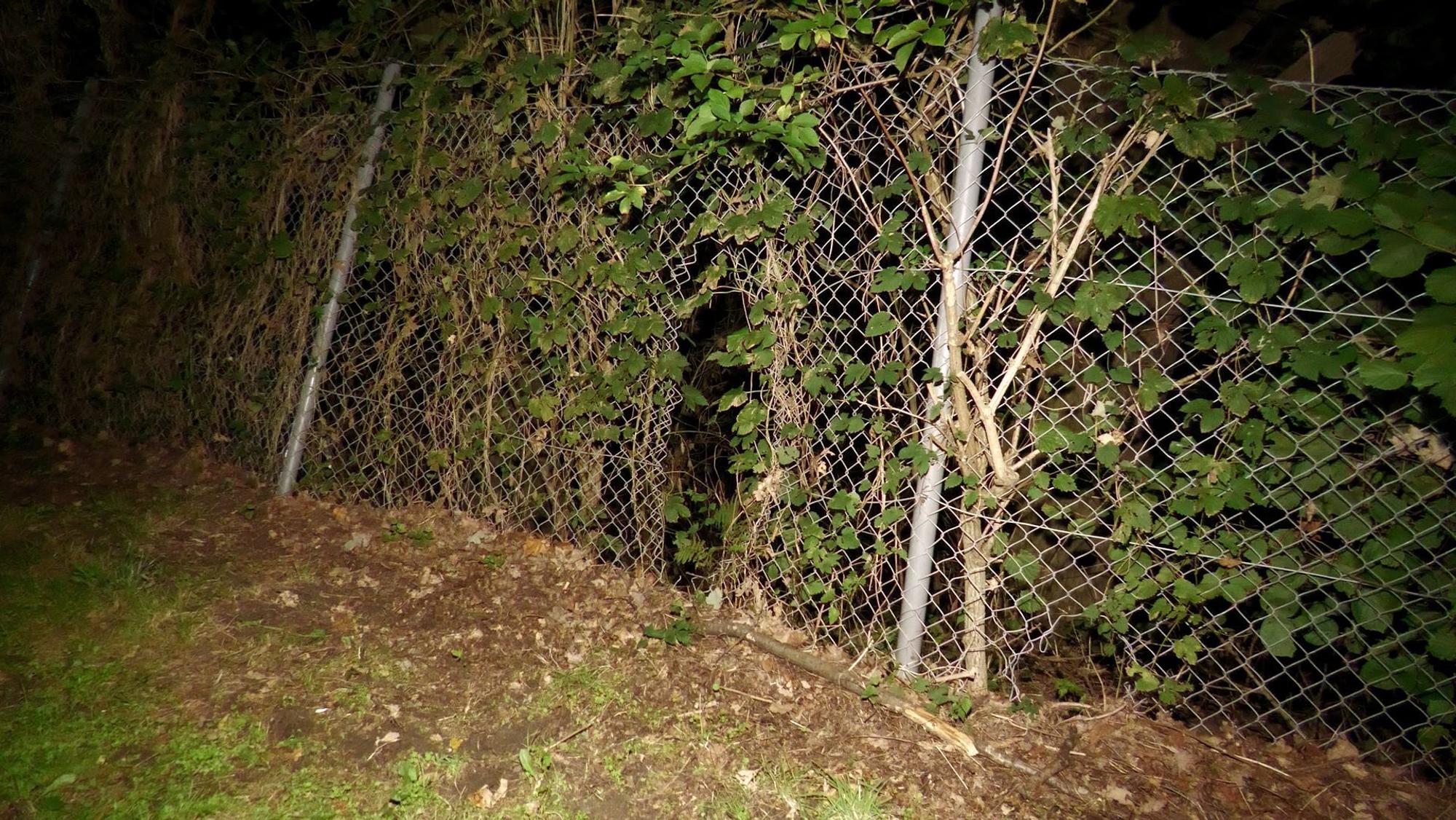 Ein Scheinwerfer beleuchtet ein Loch im Zaun des Umspannwerks Wesel. Die Beschädigung war einer Polizeistreife aufgefallen.