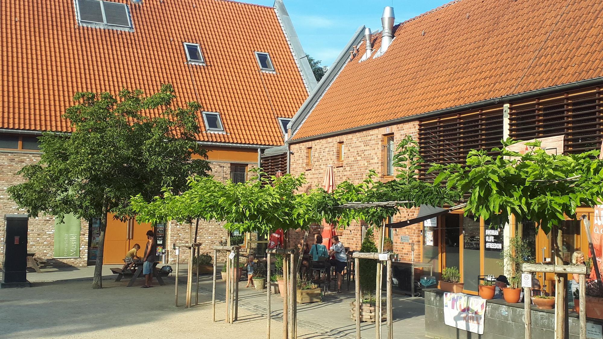 Zwei große Gebäude stehen hinter einer Baumreihe.