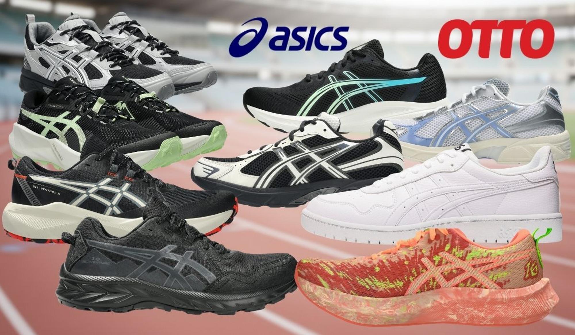 Verschiedene Asics-Sneaker und Laufschuhe vor Sportplatz-Hintergrund mit Asics- und OTTO-Logo, zum OTTO-Sale mit reduzierten Asics-Modellen.