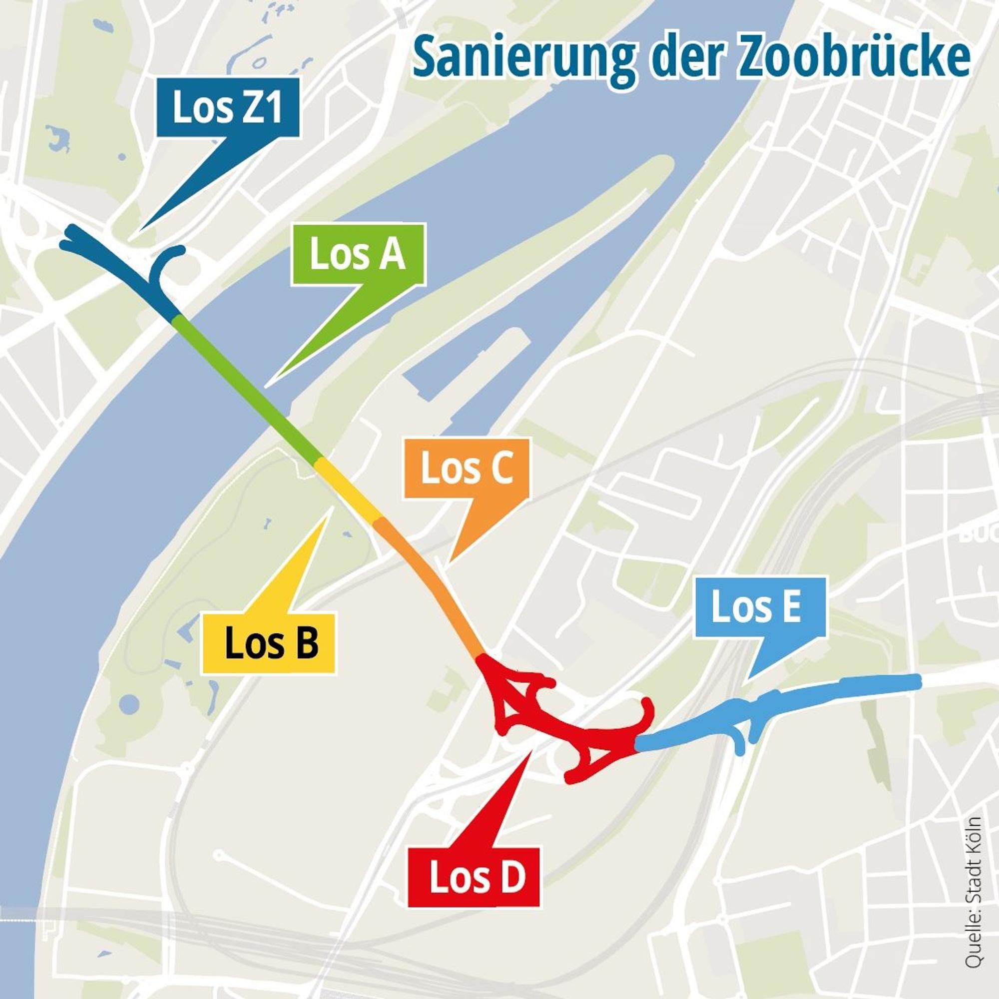 Die Abschnitte für die Sanierung der Zoobrücke