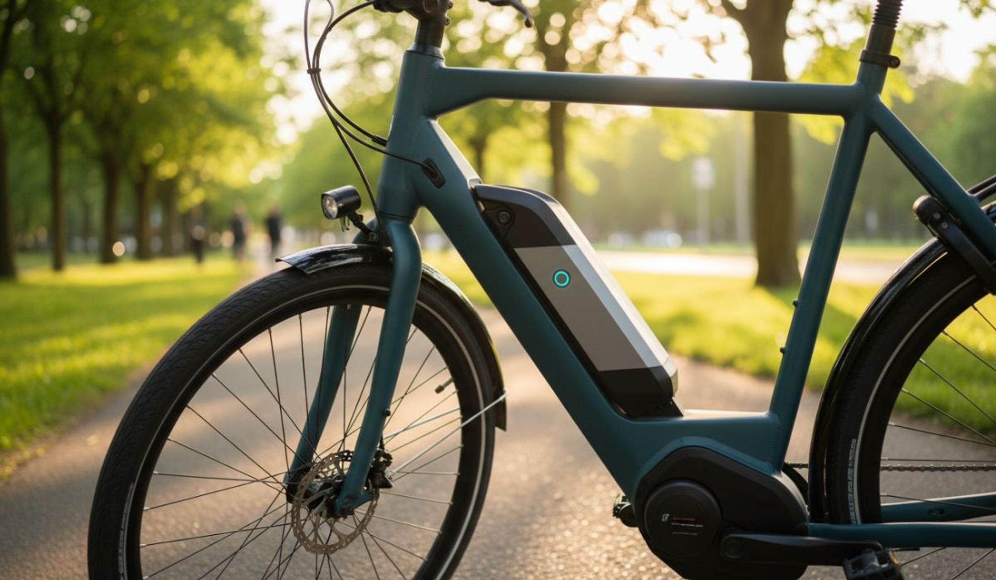 Markenfreies E-Bike mit Akku am Unterrohr auf einem grünen Radweg im Park.