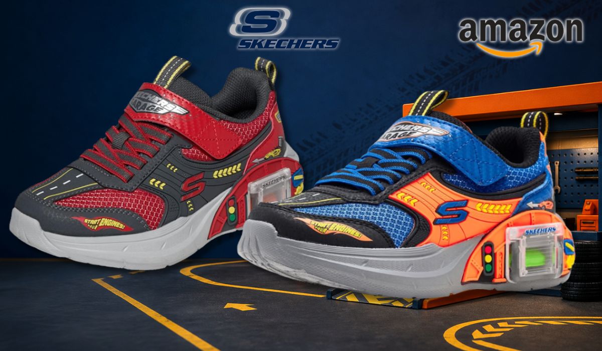 Der Skechers Garage Sneaker vor einem Autowerkstatt-Hintergrund.
