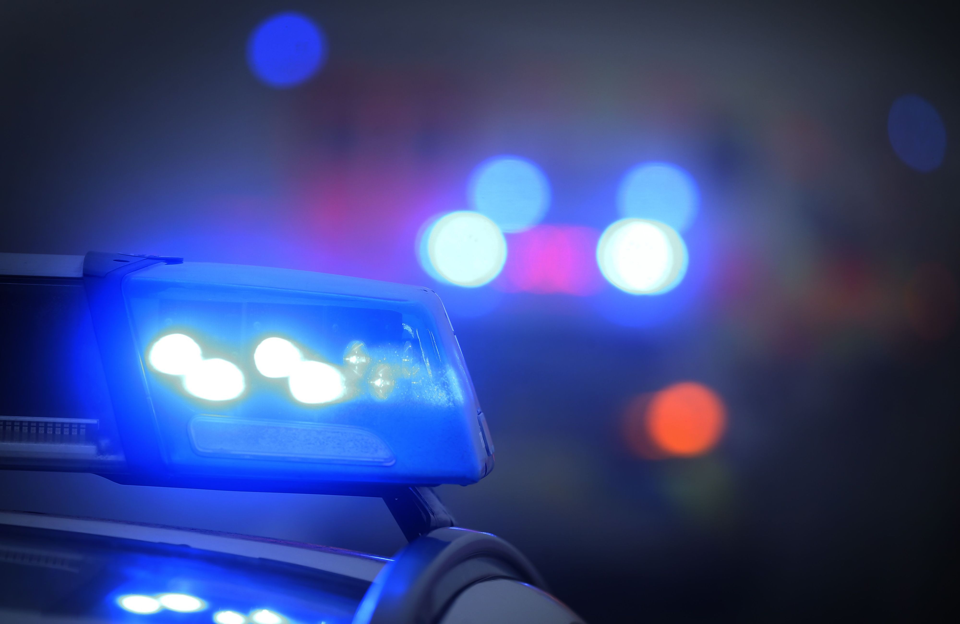Ein Polizeiauto mit eingeschaltetem Blaulicht steht an einer Unfallstelle. (Symbolbild)