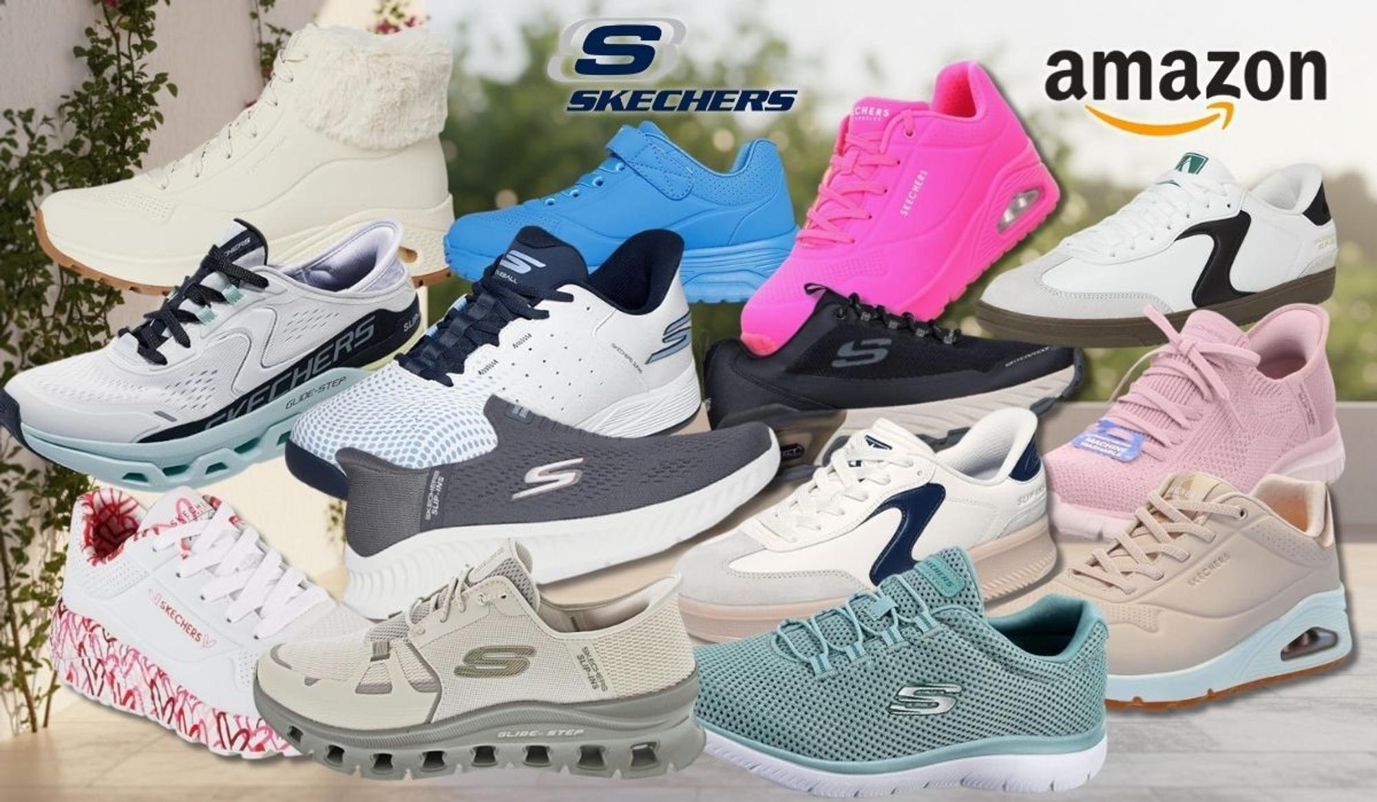 Verschiedene Skechers Sneaker vor einem Hintergrund mit Natur und Gehweg.