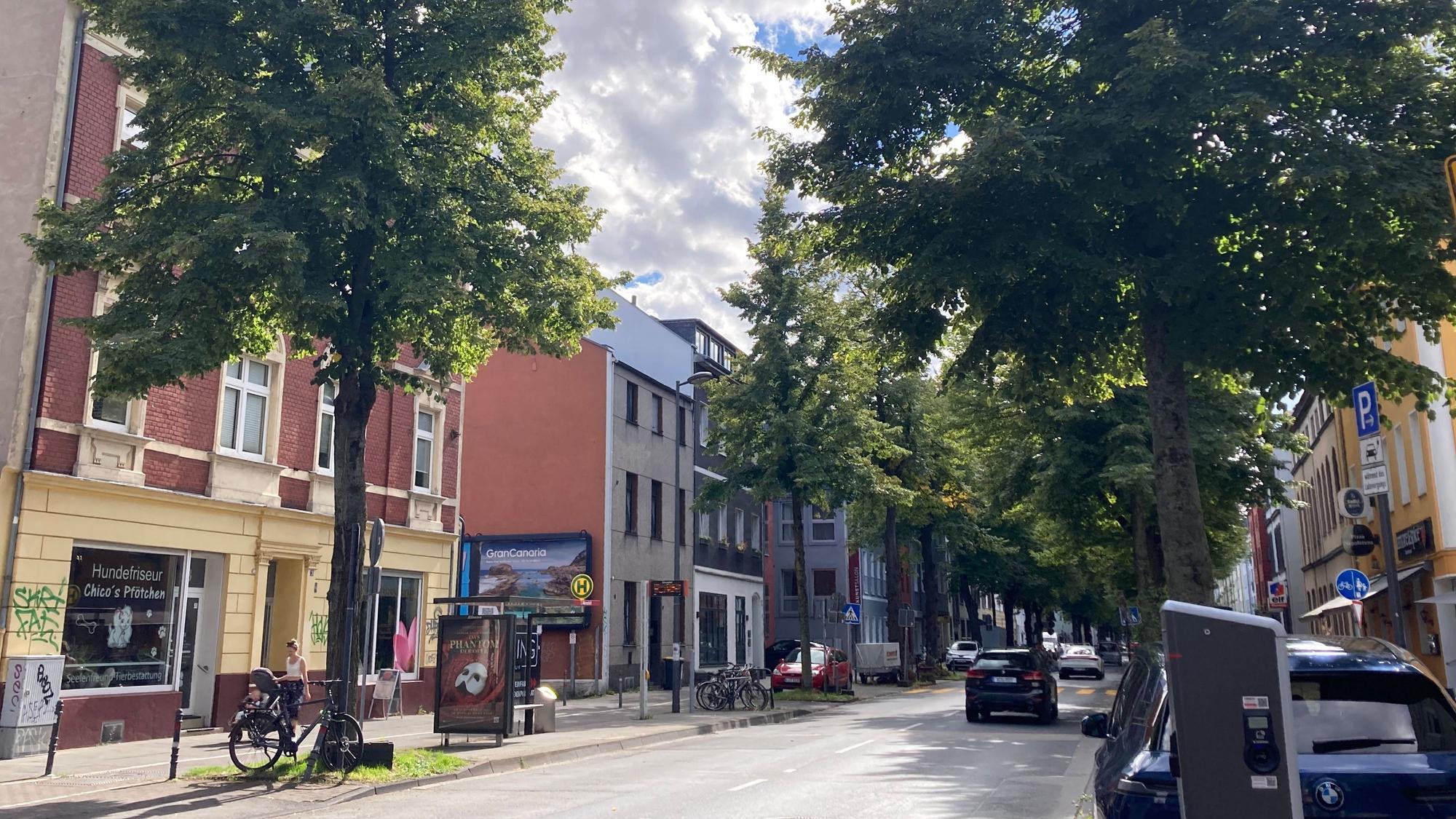 Ein Blick in die Brühler Straße, gesäumt von Geschäften und Wohnhäusern.