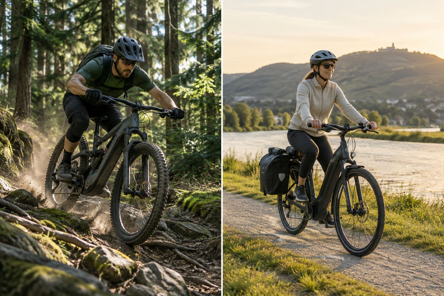 Split-Screen-Vergleich: Links ein Mountainbiker auf einem E-Mountainbike bei der Abfahrt über einen steinigen Waldtrail, rechts eine Radfahrerin auf einem Trekking-E-Bike mit Gepäcktaschen auf einem Flussweg im Abendlicht