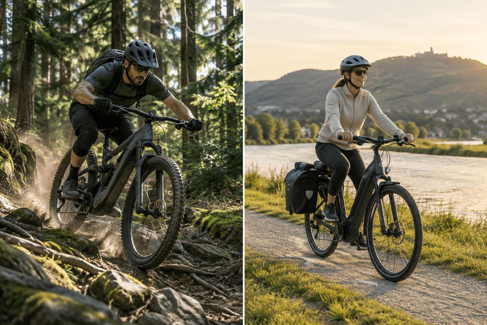 Split-Screen-Vergleich: Links ein Mountainbiker auf einem E-Mountainbike bei der Abfahrt über einen steinigen Waldtrail, rechts eine Radfahrerin auf einem Trekking-E-Bike mit Gepäcktaschen auf einem Flussweg im Abendlicht