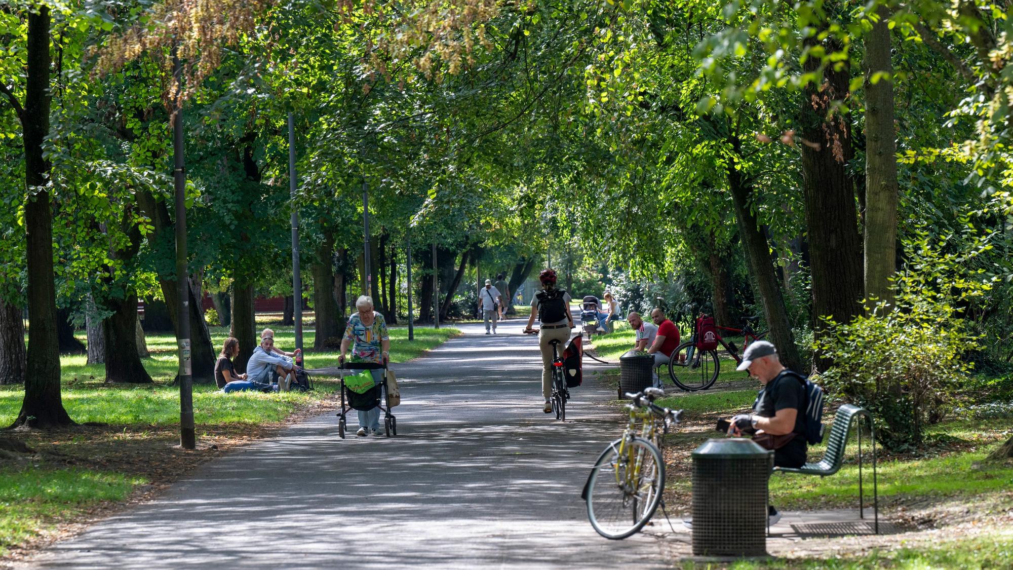 In Köln-Mülheim genießen die Menschen einen Sommertag: Im Park ist es kühler als auf baumlosen Straßen.
