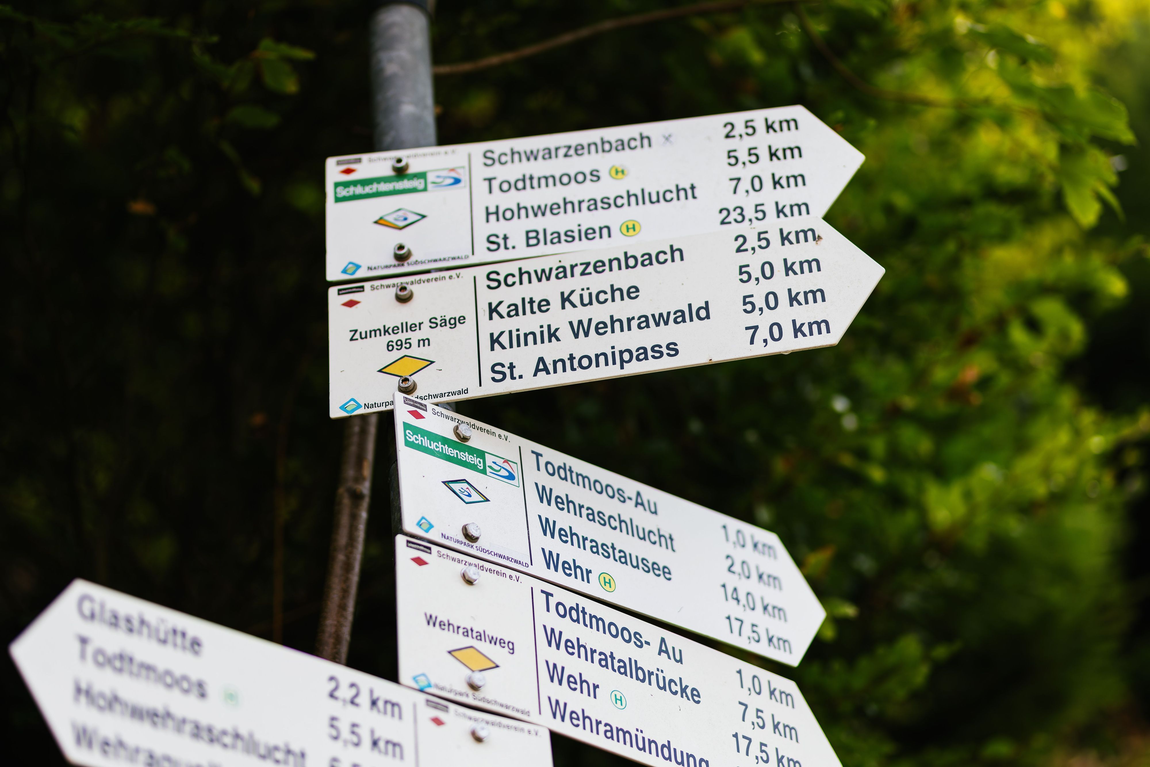 Wegweiser markieren den Schluchtensteig und nennen dabei auch andere Ziele. Die damals 26-jährige Scarlett Salice wird seit dem September 2020 vermisst, sie war von einer Wanderung entlang des Schluchtensteigs nahe Todtmoos nicht zurückgekehrt.