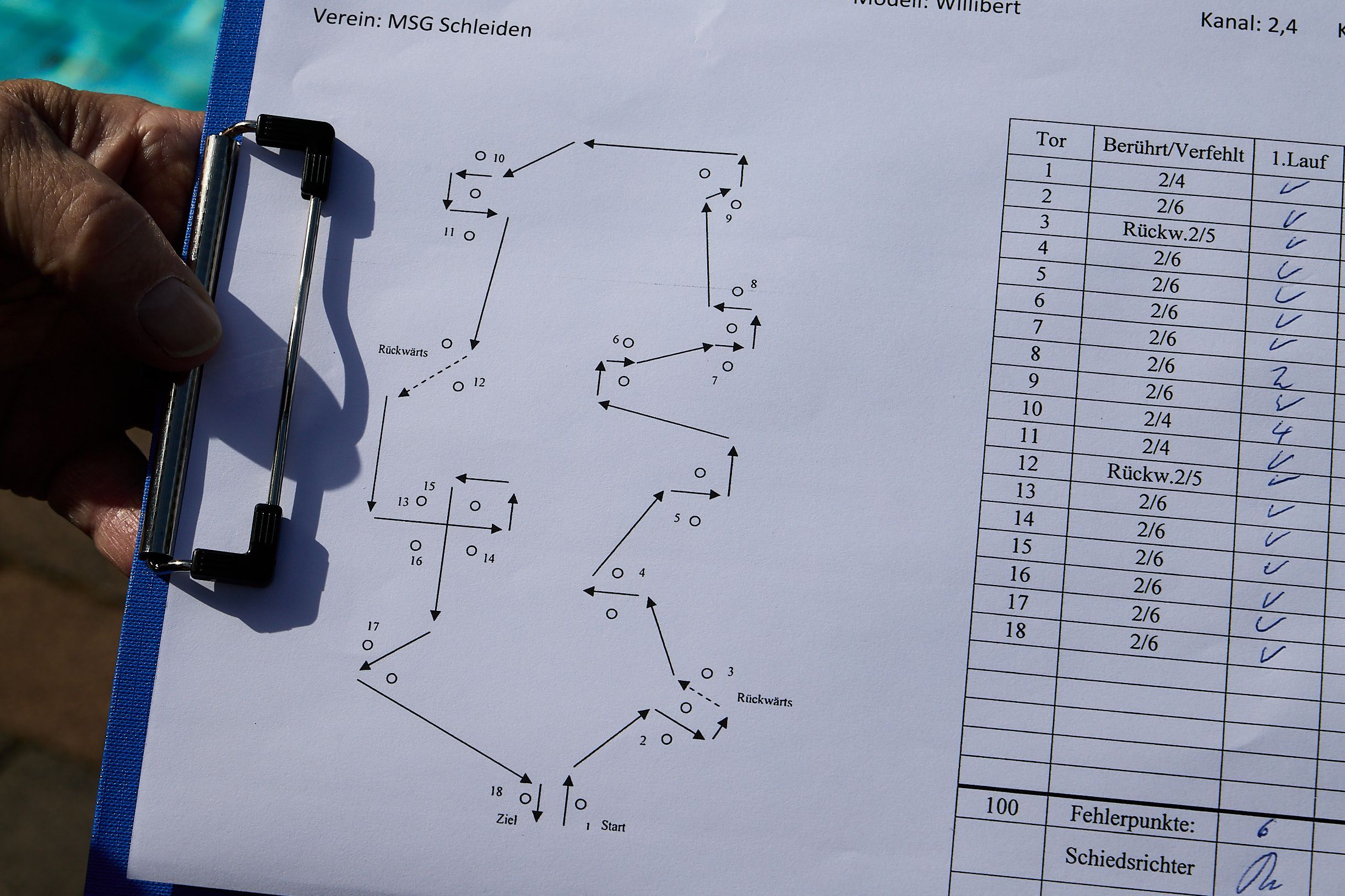 Auf einem Klemmbrett ist ein Blatt Papier mit einem aufgedruckten Schiffsparcours eingespannt.
