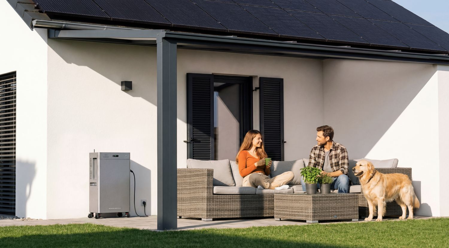 Auf einer überdachten Terrasse steht der SolarFlow 4000 Mix Pro neben einem modernen Einfamilienhaus mit Photovoltaikanlage auf dem Dach. Im Hintergrund sitzt ein Paar mit seinem Hund.