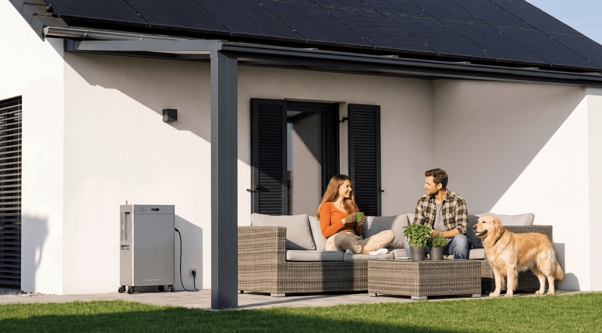 Auf einer überdachten Terrasse steht der SolarFlow 4000 Mix Pro neben einem modernen Einfamilienhaus mit Photovoltaikanlage auf dem Dach. Im Hintergrund sitzt ein Paar mit seinem Hund.