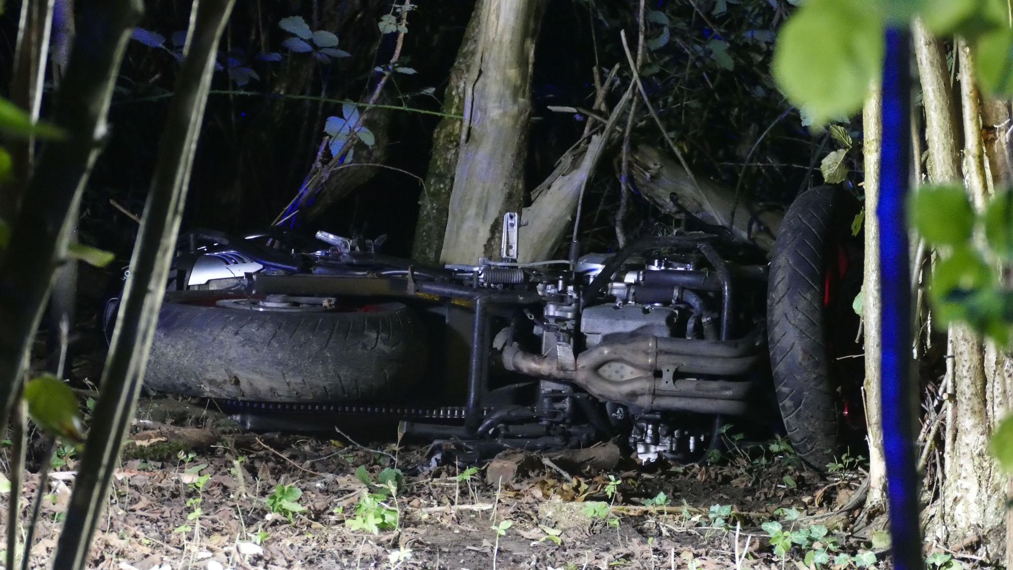 Ein zerstörtes Motorrad im Unterholz an einem Baumstamm.