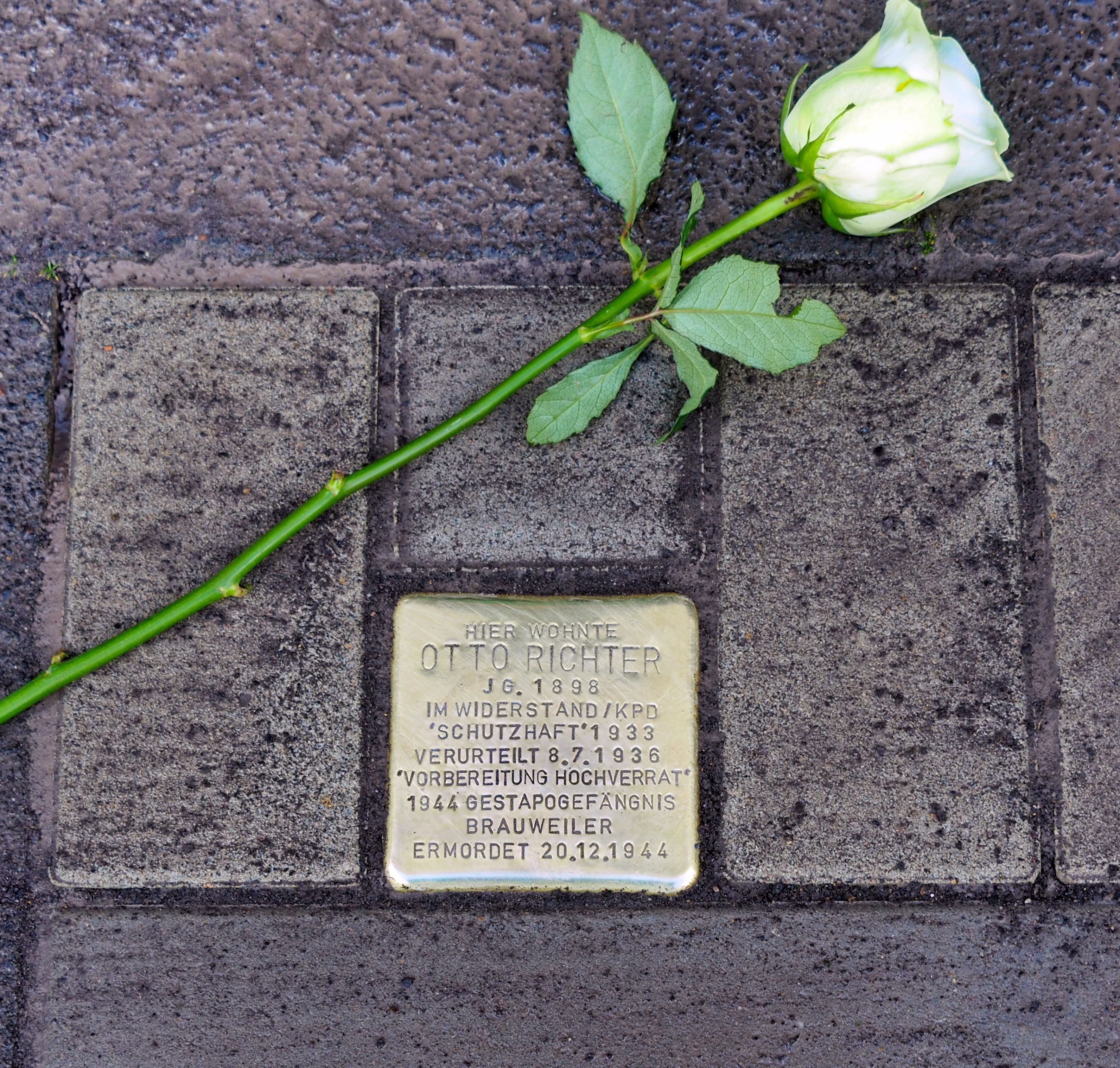 Im Kalscheurer Weg in Köln erinnert ein Stolperstein an den kommunistischen Widerstandskämpfer Otto Richter, der von den Nazis zu Tode gefoltert wurde.