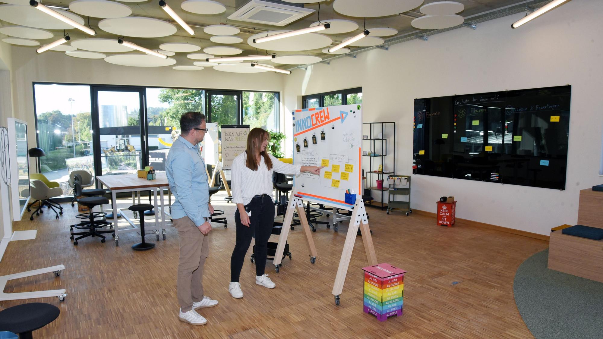 Eine Frau und ein Mann an einem Flipchart.