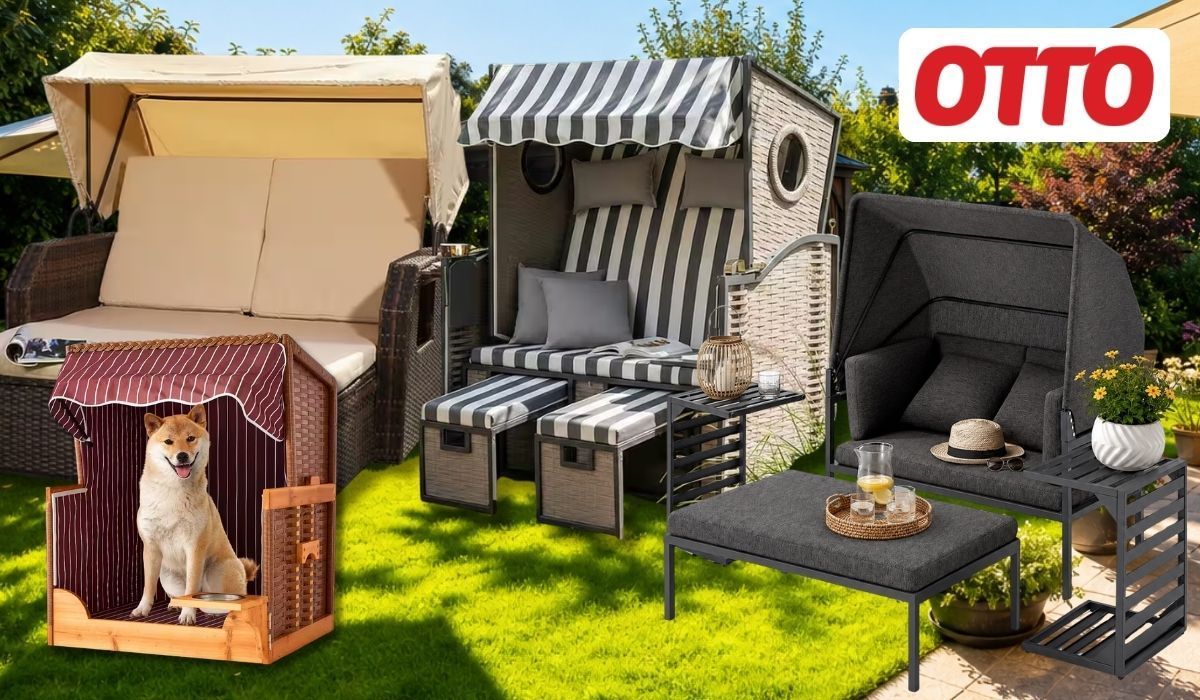 Drei Strandkörbe und ein Hundestrandkorb vor einem gepflegten Gartenhintergrund an einem sonnigen Tag.