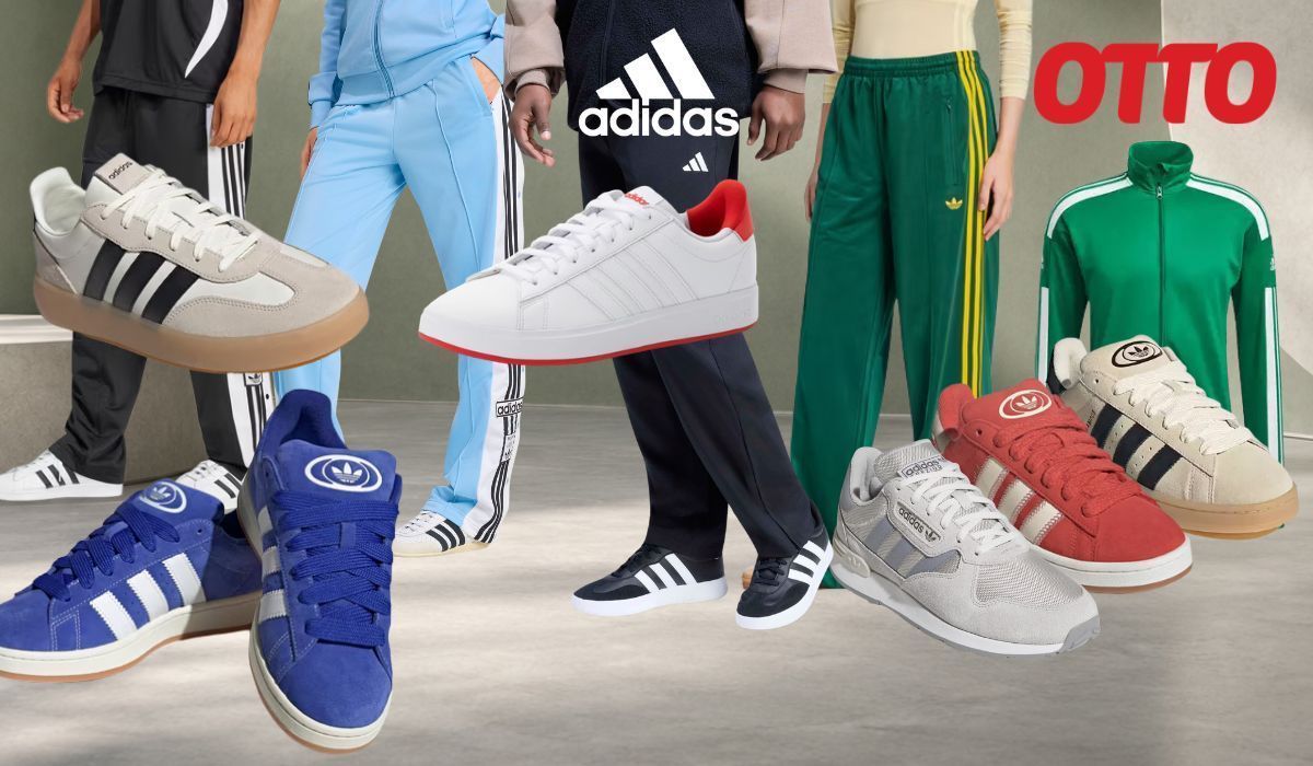 adidas Sneaker, Sportmode, Trainingshosen, Trainingsjacken vor einem Hintergrund mit Raum in gedeckten Farben