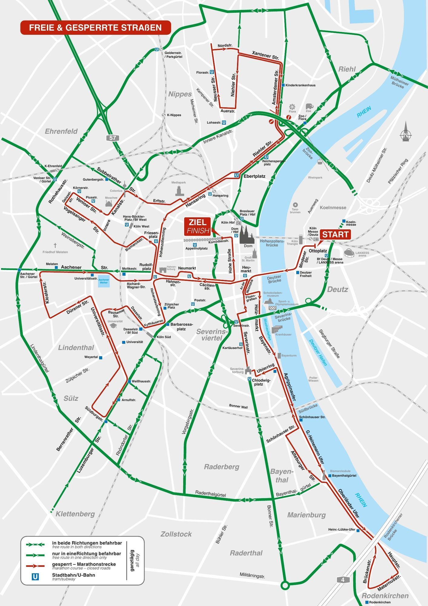 Eine Karte der Stadt Köln zeigt die Strecke und Straßensperrungen rund um den Marathon in Köln am 4. Oktober 2026.
