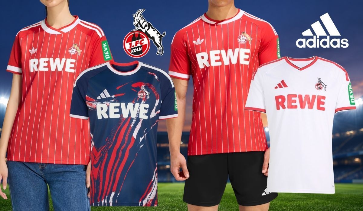 Collage der neuen adidas-Trikots des 1. FC Köln für die Saison 2026/27 vor einem nächtlichen Stadion mit Flutlicht: Zwei Personen tragen das rote Auswärtstrikot mit weißen Nadelstreifen. Dazu sind das dunkelblaue Ausweichtrikot mit rot-weißem Pinselstrich-Muster und das weiße Heimtrikot mit roten Akzenten zu sehen, außerdem das Vereinswappen des 1. FC Köln und das adidas-Logo.