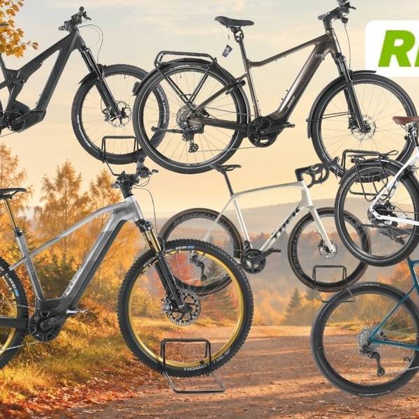 Collage mehrerer schwarzer, grauer, weißer und blauer E-Bikes und Fahrräder vor einem herbstlichen Waldweg; oben rechts ist das Rebike-Logo zu sehen.