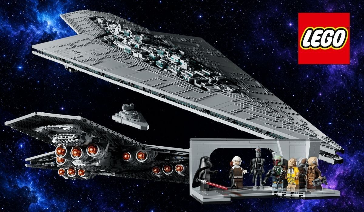 Lego Star Wars Supersternzerstörer Executor (75457) vor einem Sternenhimmel mit Nebel, dazu ein kleiner Sternzerstörer und eine Brückenszene mit Darth Vader und Kopfgeldjägern als Minifiguren