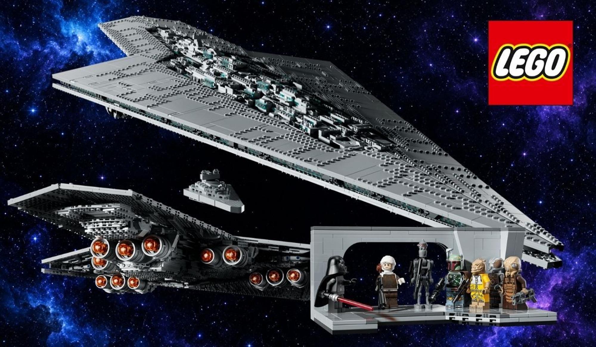 Lego Star Wars Supersternzerstörer Executor (75457) vor einem Sternenhimmel mit Nebel, dazu ein kleiner Sternzerstörer und eine Brückenszene mit Darth Vader und Kopfgeldjägern als Minifiguren