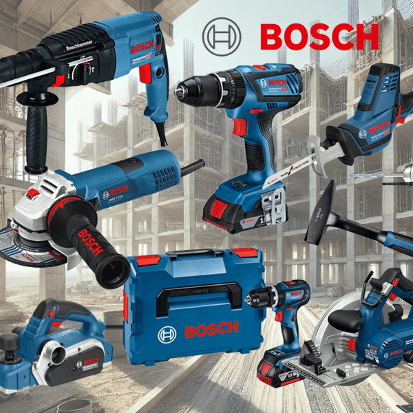 Bosch Professional Werkzeug wie Bohrmaschine und Winkelschleifer vor einem schwarzen Hintergrund.