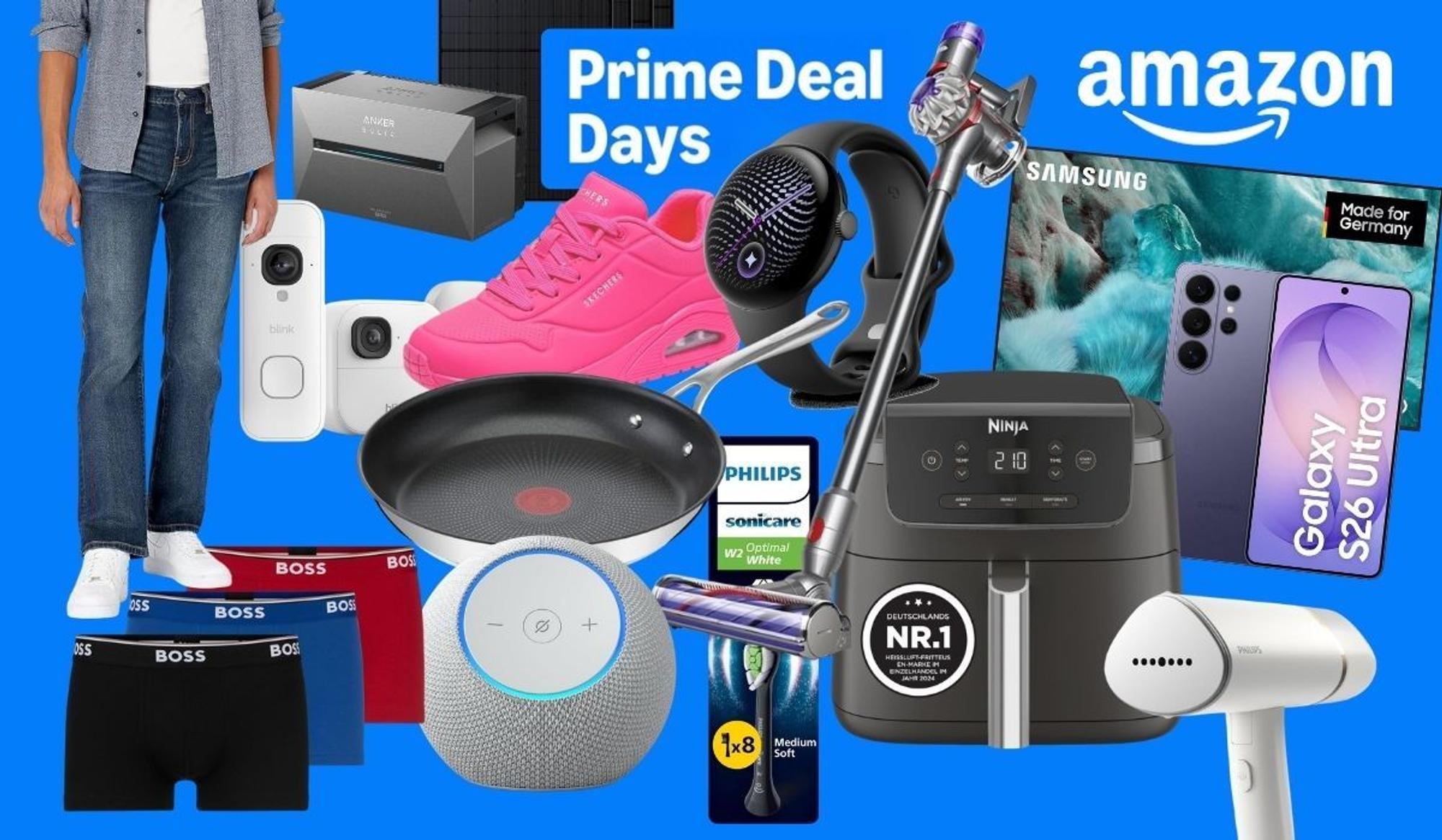 Collage mit Produkten der Amazon Prime Deal Days auf blauem Hintergrund: Samsung-Fernseher und Galaxy S26 Ultra, Ninja-Heißluftfritteuse, Philips-Sonicare-Aufsteckbürsten und Philips-Dampfglätter, Tefal-Pfanne, Akku-Staubsauger, Smartwatch, Echo-Lautsprecher, Blink-Kameras, pinkfarbener Skechers-Sneaker, Jeans, Boss-Boxershorts und ein Anker-Solix-Solarprodukt, dazu die Logos von Amazon und Prime Deal Days.