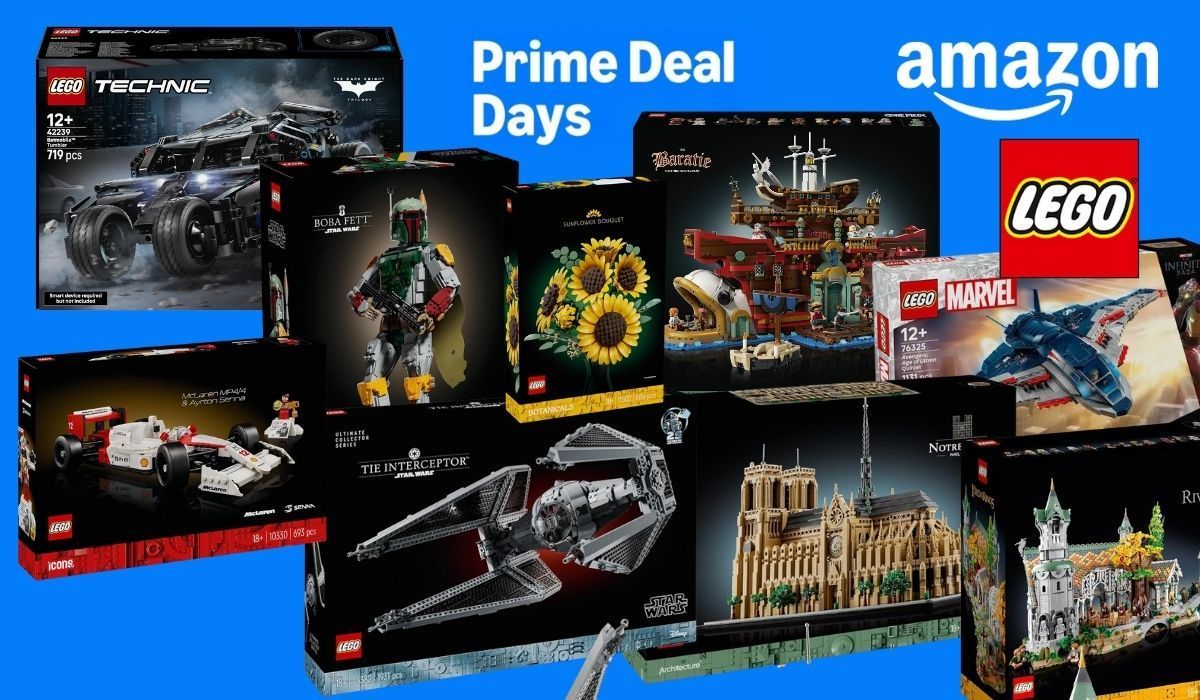Lego Sets aus den unterschiedlichsten Themenwelten wie Star Wars, City, Marvel, Herr der Ringe, Batman, Architecture und mehr vor einem blauen Hintergrund.