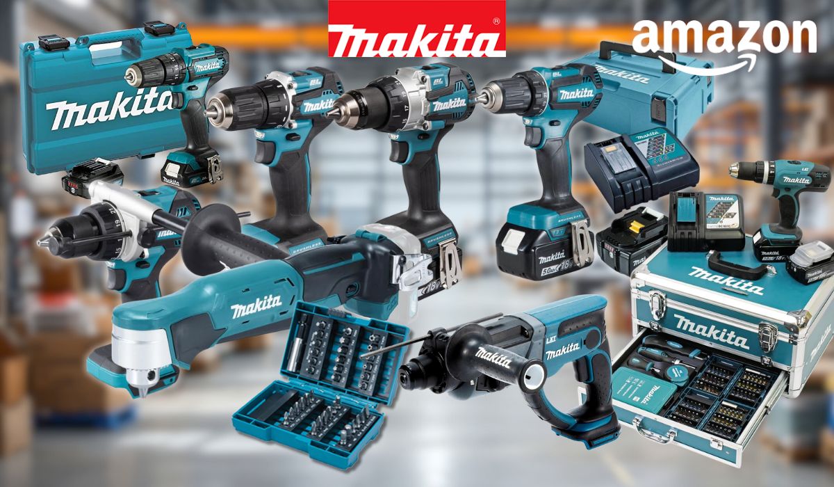 Makita-Werkzeuge vor einem weich unscharfen Werklagerhalle Hintergrund. Zu sehen sind verschiedene Akku-Bohrschrauber, ein Bohrhammer, ein Bit- und Zubehör-Set in einem Aluminium-Koffer, mehrere Makita-Transportkoffer sowie Akkus und ein Ladegerät. Links oben das Amazon-Logo, oben mittig das Makita-Logo in Rot.