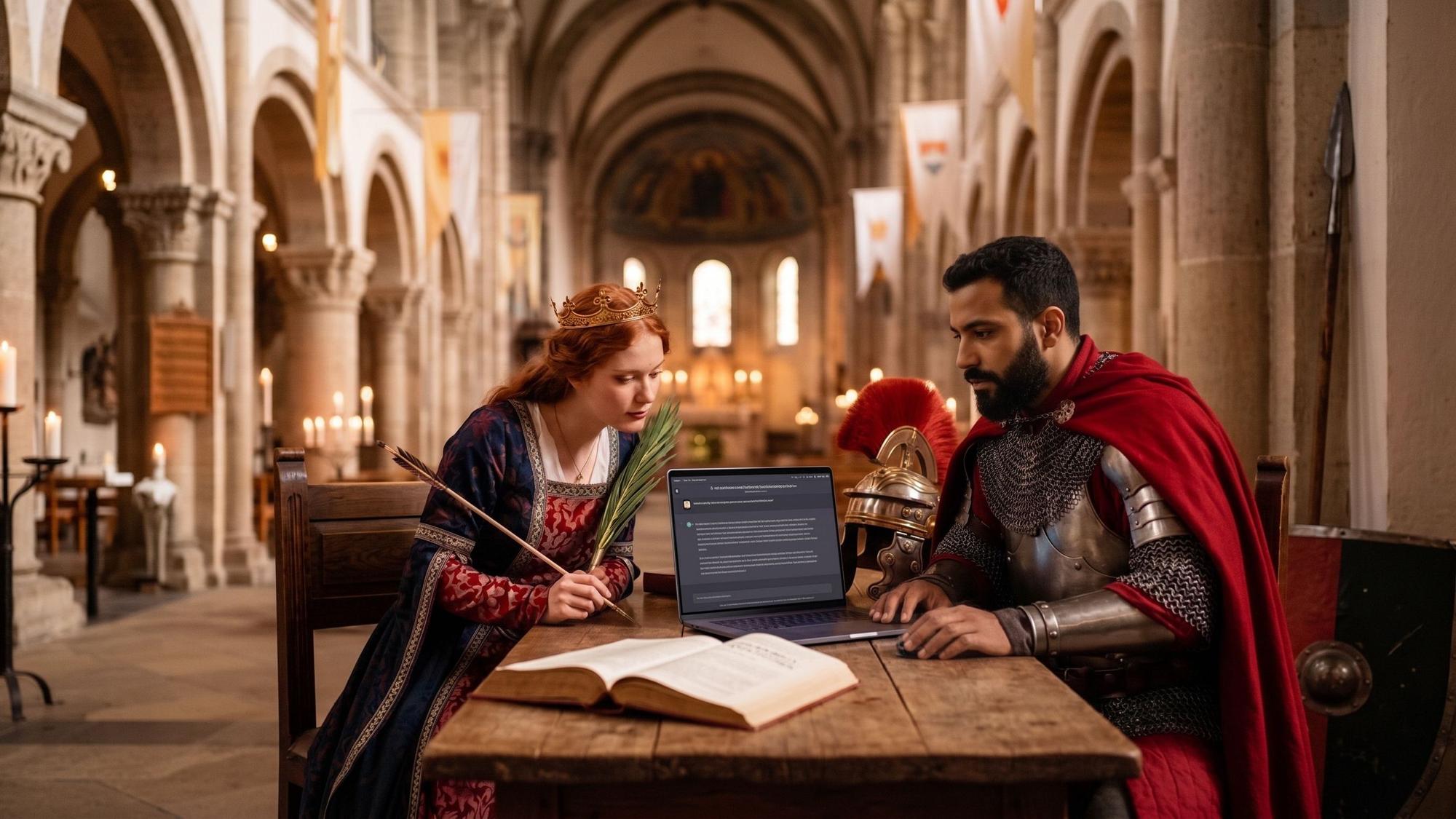 Das KI-generierte Bild zeigt die Kölner Stadtpatrone St. Gereon und St. Ursula mit einem Notebook an einem Tisch in einer Kirche.