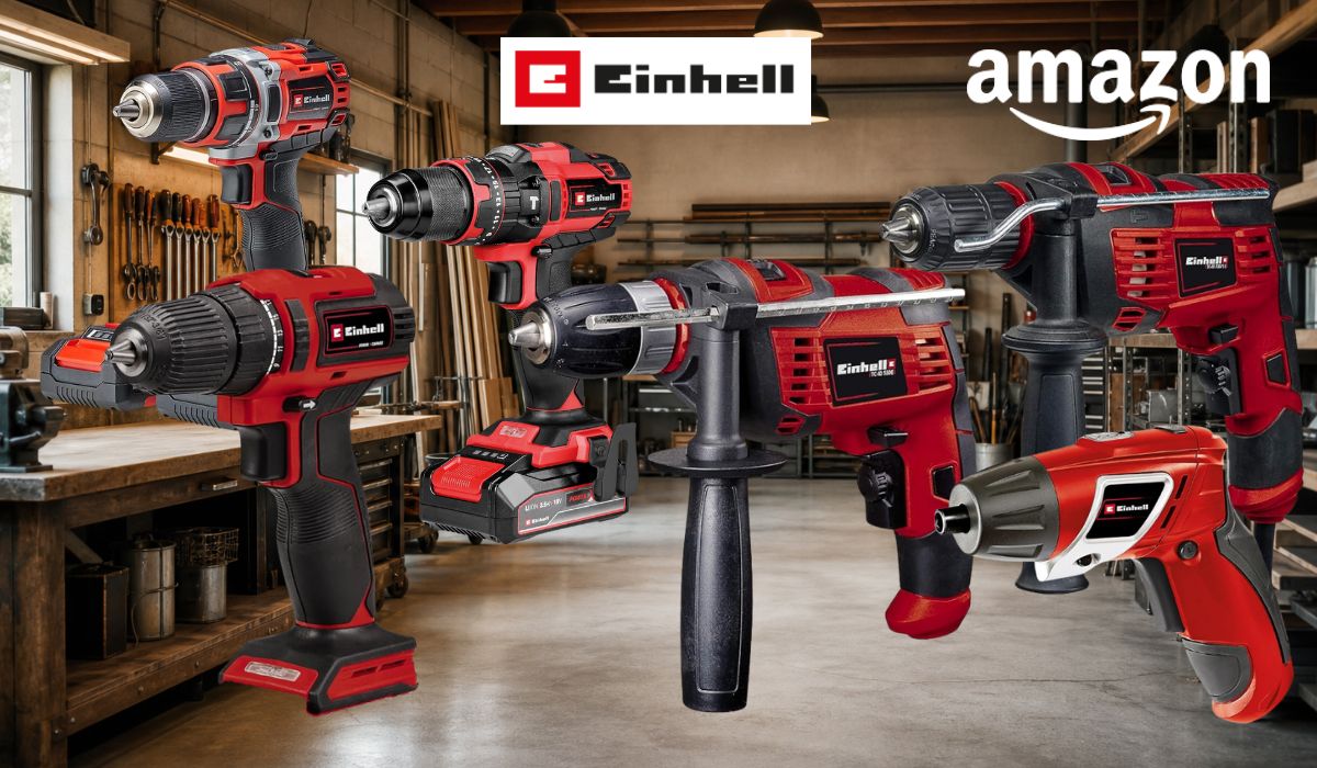 Einhell Bohrmaschinen und Akkuschrauber vor einer Werkstatt.