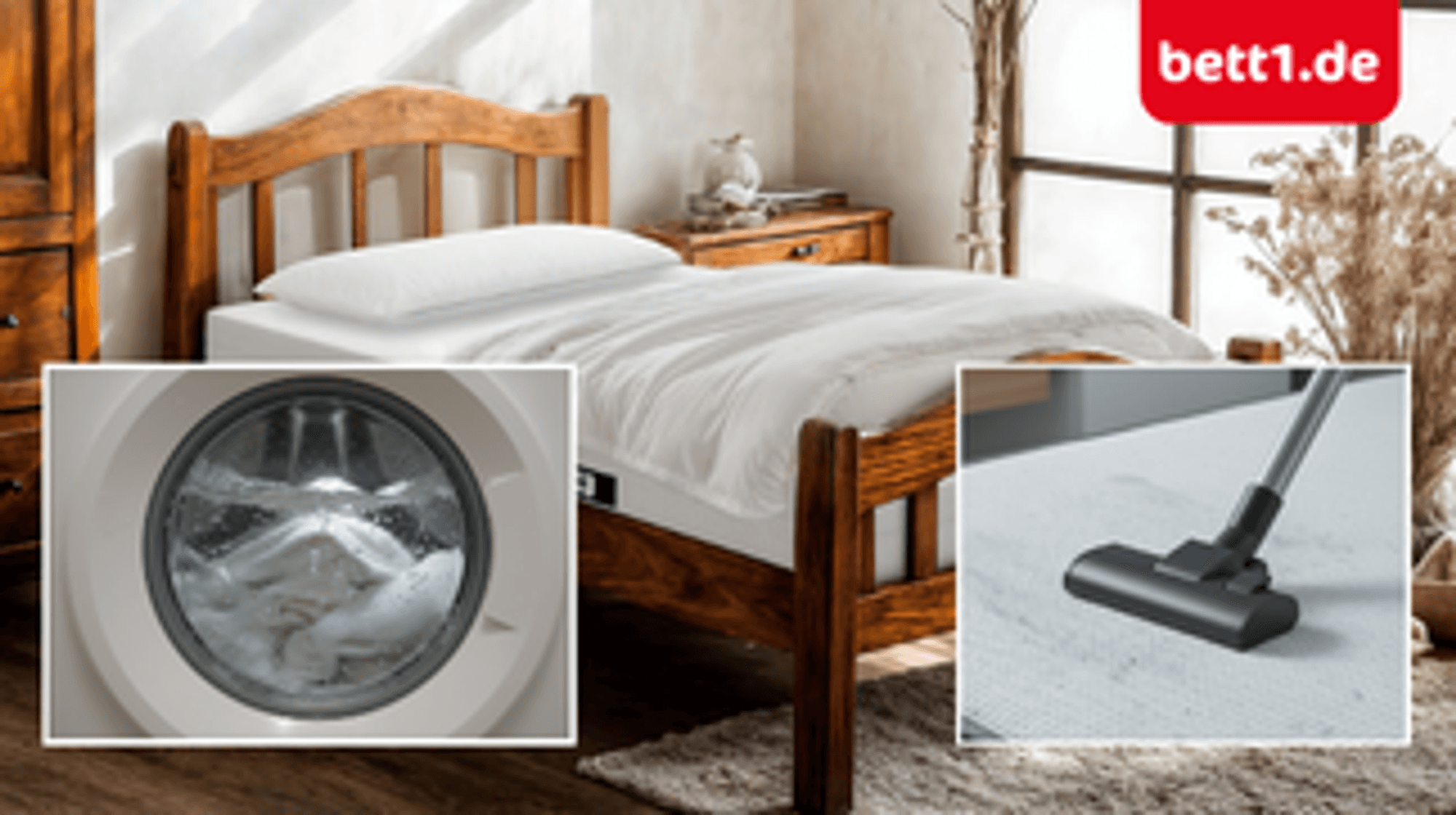 Bett mit BODYGUARD-Matratze in einem Schlafzimmer; eingeblendete Detailbilder zeigen einen Staubsauger auf einer Matratze und Bettwäsche in einer laufenden Waschmaschine, oben rechts ist das Logo von bett1.de zu sehen.