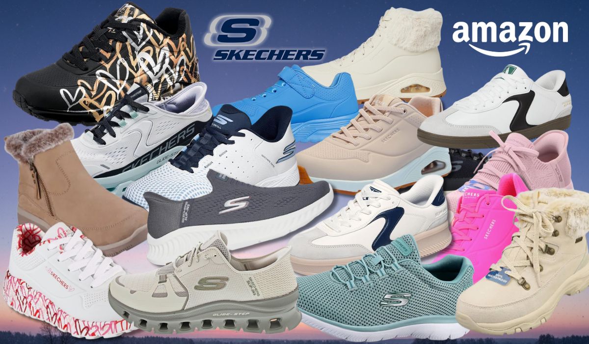Verschiedene Skechers Sneaker vor einem dunkelblauem Himmel im Hintergrund.