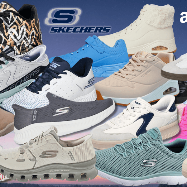 Verschiedene Skechers Sneaker vor einem dunkelblauem Himmel im Hintergrund.