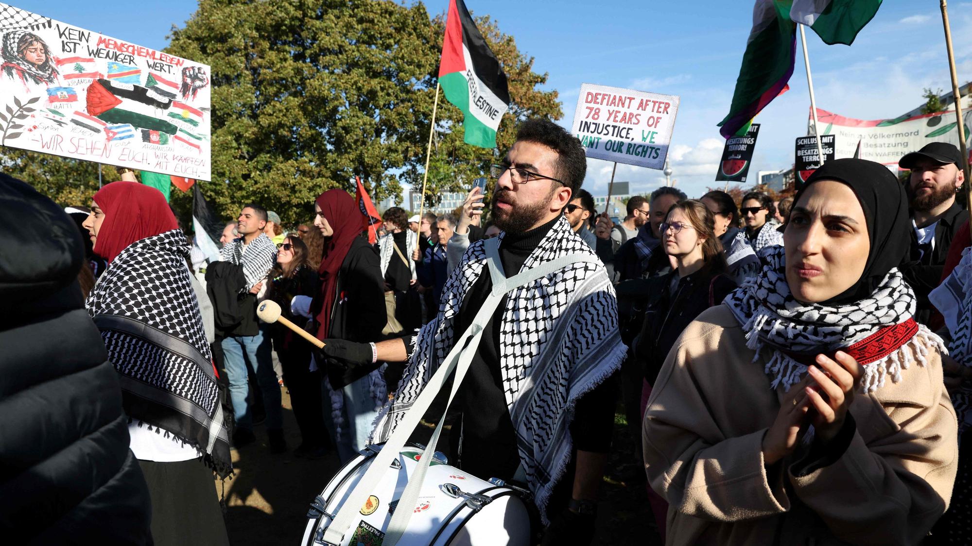 Participants attend a pro-Palestinian demonstration under the motto 'United4Palestine' in Berlin on October 10, 2026. (Photo by Adam BERRY / AFP)