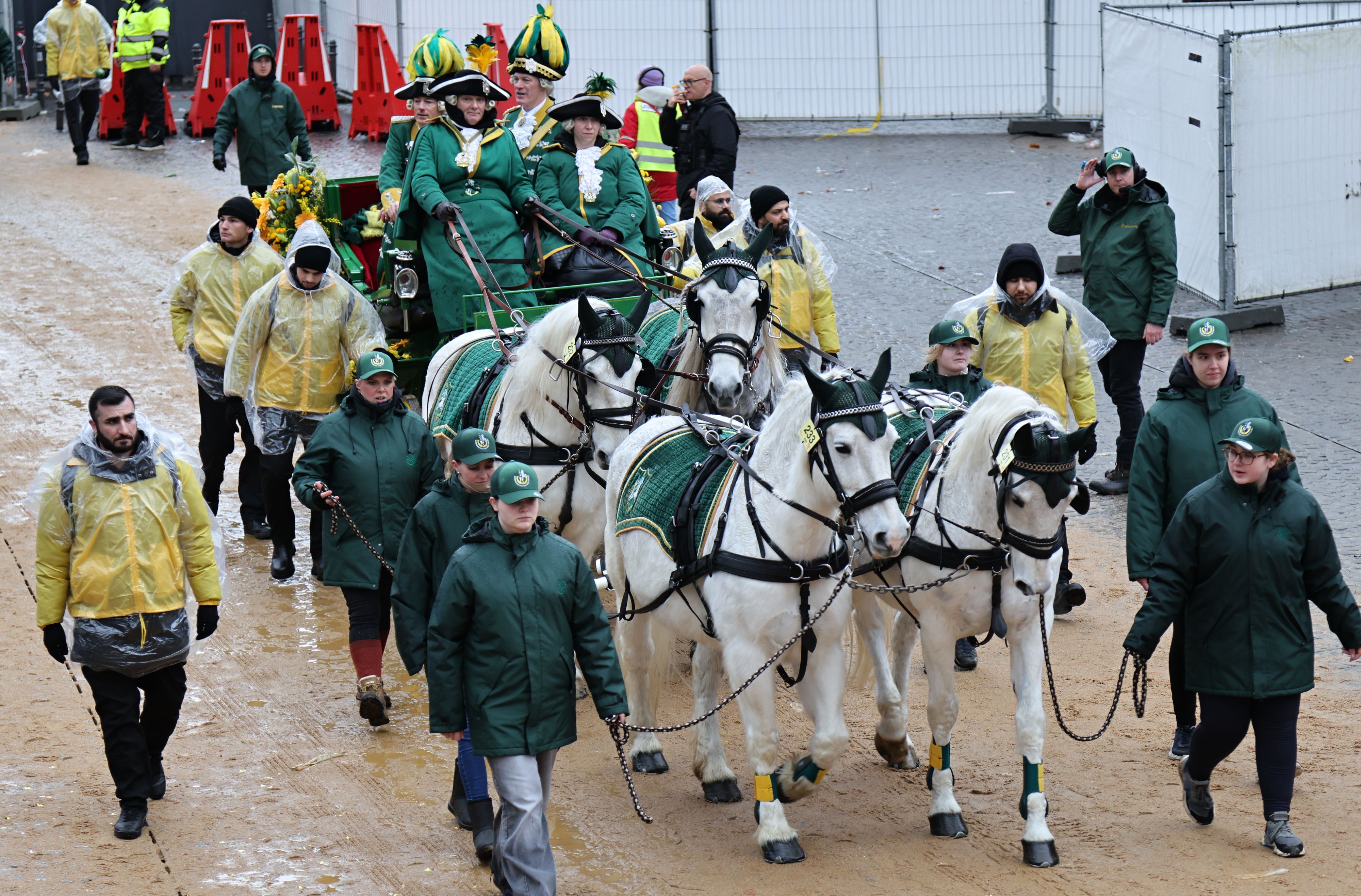 Pferde ziehen eine Kutsche beim Rosenmontagszug.