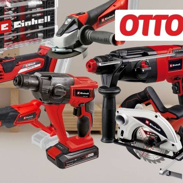Einhell Werkzeuge und Gartengeräte wie Akkuschraube, Schlagbohrmaschine oder Winkelschleifer vor einem Werkstattregal Hintergrund.