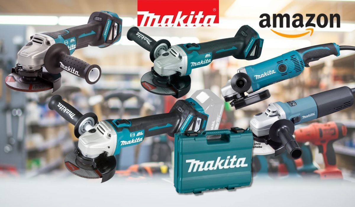 Fünf Makita Winkelschleifer, darunter bürstenlose Akku-Modelle und Geräte mit Kabel, dazu ein Transportkoffer, vor einer Werkstatt-Kulisse mit Makita- und Amazon-Logo