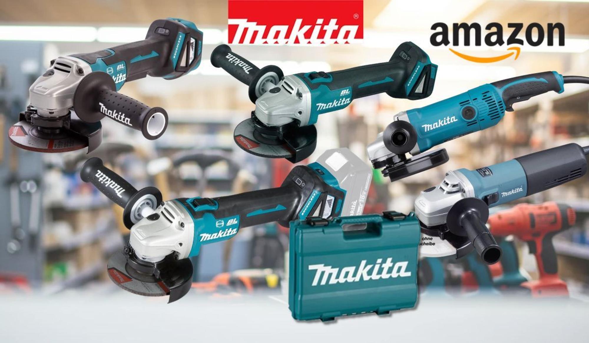 Fünf Makita Winkelschleifer, darunter bürstenlose Akku-Modelle und Geräte mit Kabel, dazu ein Transportkoffer, vor einer Werkstatt-Kulisse mit Makita- und Amazon-Logo