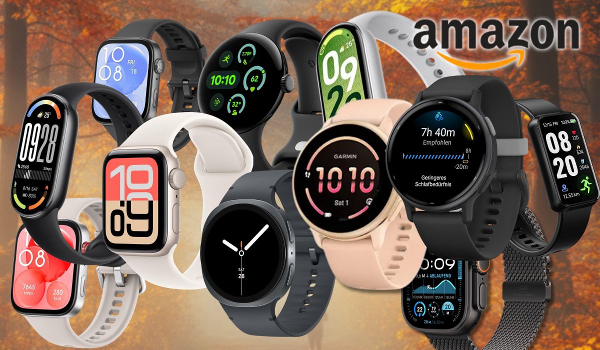 Collage mehrerer Smartwatches verschiedener Marken – darunter Apple, Samsung, Google Pixel, Garmin und Huawei – vor einem hellen, grünen Hintergrund. Ein blaues Störer-Element weist auf Rabatte von bis zu 39 Prozent zur UVP im Amazon-Sale hin.