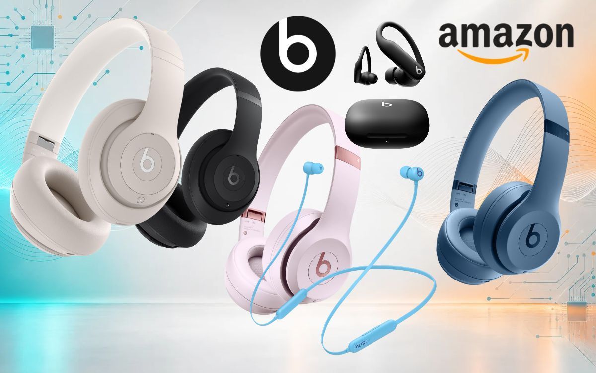 Mehrere Beats-Kopfhörer vor hellem Technik-Hintergrund mit Linien in Türkis und Orange: Studio Pro in Sandbeige und Schwarz, Solo 4 in Rosa und Blau, Powerbeats Pro 2 in Schwarz sowie Flex mit Nackenband in Hellblau, dazu das Beats- und das Amazon-Logo.